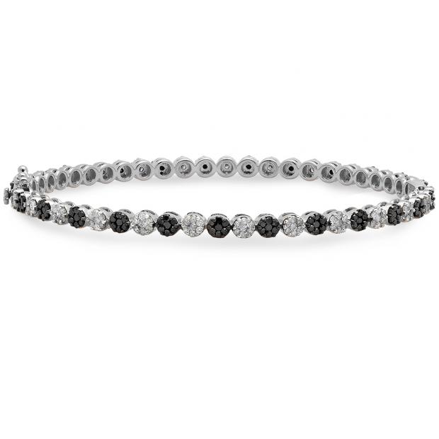 2.35 Carat (ctw) 10K White Gold Round Cut Black & White Diamond Prong set Ladies Fashion Bangle Bracelet 2 1/3 CT