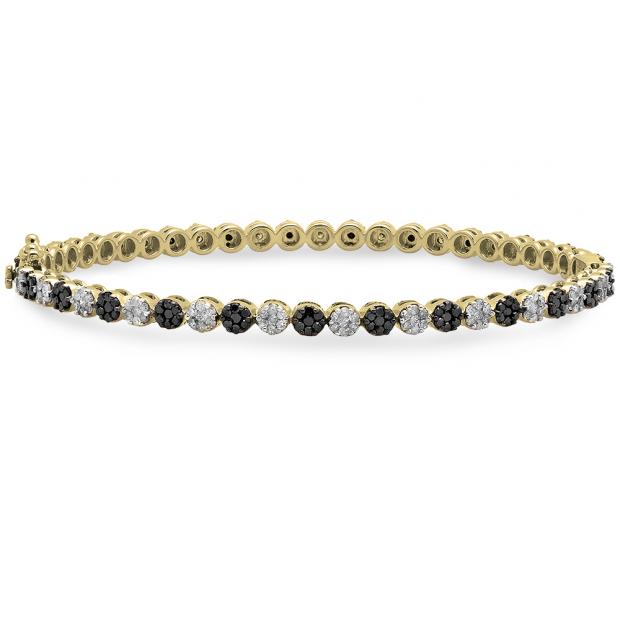 2.35 Carat (ctw) 10K Yellow Gold Round Cut Black & White Diamond Prong set Ladies Fashion Bangle Bracelet 2 1/3 CT
