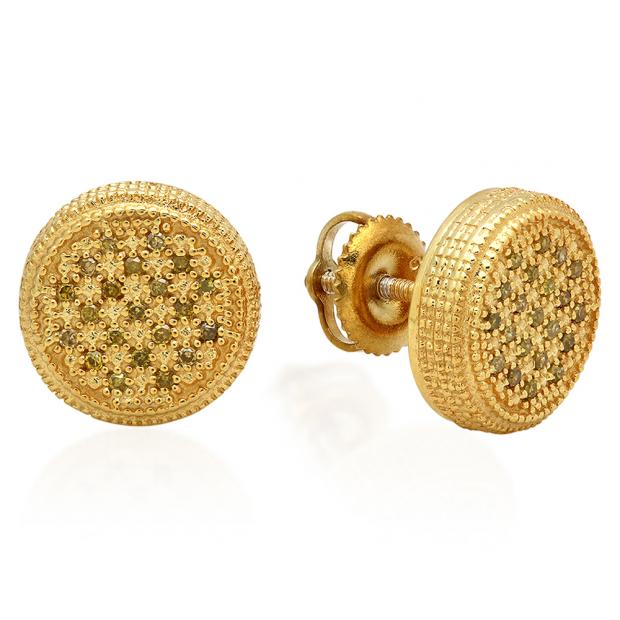 0.15 Carat (Ctw) Yellow Gold Plated Sterling Silver Real Round Yellow Diamond Cluster Ladies Stud Earrings