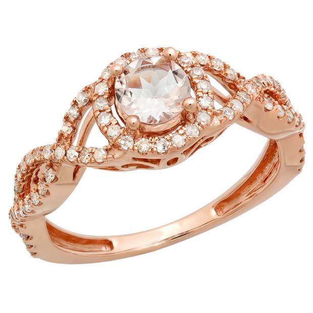 0.75 Carat (Ctw) 10K Rose Gold Round Morganite & White Diamond Ladies Swirl Split Shank Bridal Halo Engagement Ring