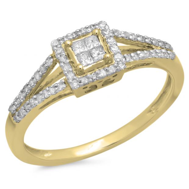 0.35 Carat (Ctw) 10K Yellow Gold Princess & Round Cut White Diamond Ladies Split Shank Bridal Engagement Ring