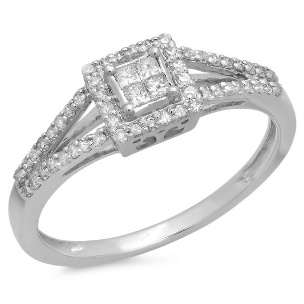 0.35 Carat (Ctw) 18K White Gold Princess & Round Cut White Diamond Ladies Split Shank Bridal Engagement Ring