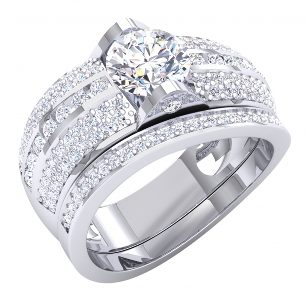 3.20 Carat (Ctw) Sterling Silver Round Cut White Cubic Zirconia CZ Ladies Bridal Engagement Ring With Wedding Bands Set