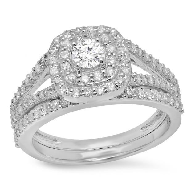 1.00 Carat (ctw) 10K White Gold Round Cut White Diamond Ladies Bridal Split Shank Halo Engagement Ring With Matching Band Set 1 CT