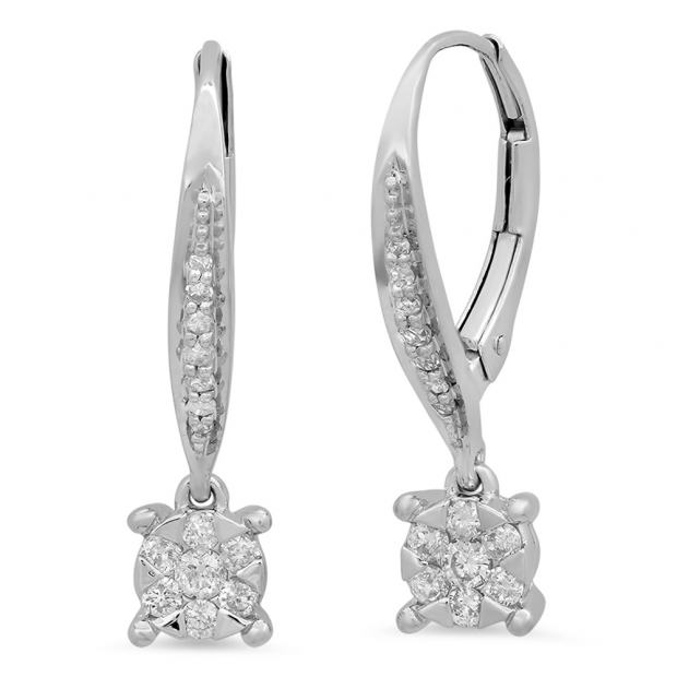 0.35 Carat (ctw) 10K White Gold Round Cut White Diamond Ladies Cluster Style Drop Earrings