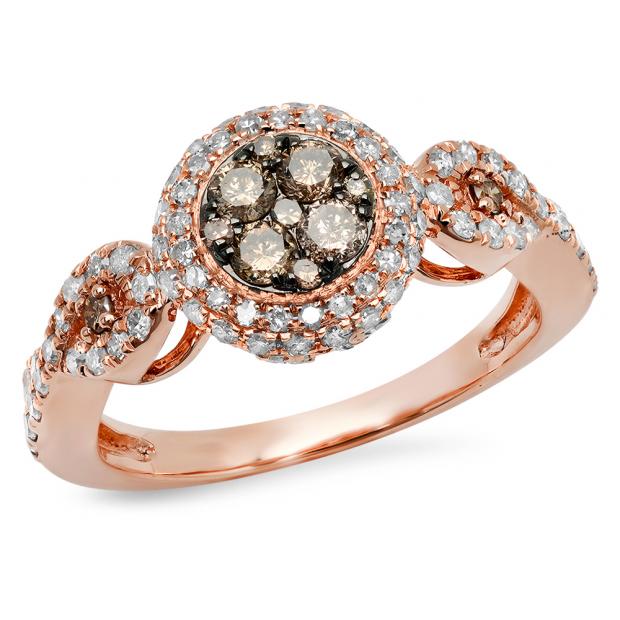 0.95 Carat (ctw) 18K Rose Gold Round Champagne & White Diamond Ladies Swirl Split Shank Cluster Engagement Ring 1 CT