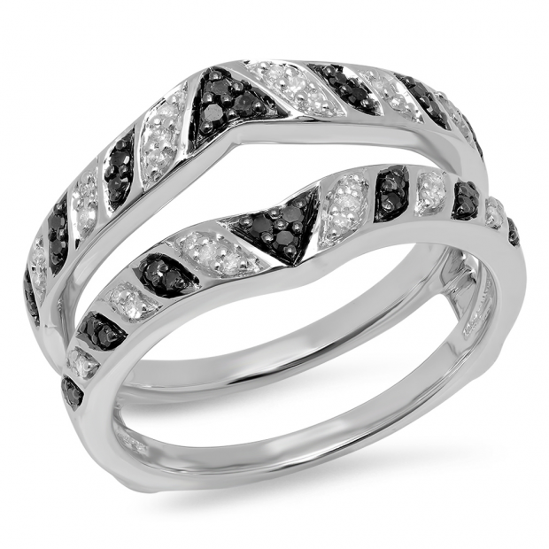 0.30 Carat (ctw) 14K White Gold Round Black & White Diamond Ladies Anniversary Wedding Band Guard Double Ring 1/3 CT