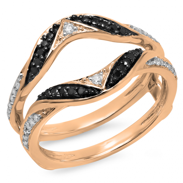 0.30 Carat (ctw) 14K Rose Gold Round Black & White Diamond Ladies Anniversary Wedding Band Guard Double Ring 1/3 CT