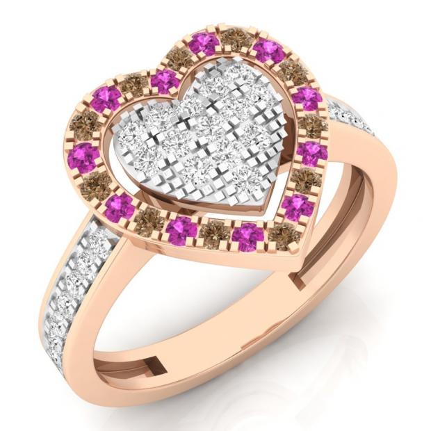 0.65 Carat (ctw) 10K Rose Gold Round Cut White & Champagne Diamond & Pink Sapphire Ladies Heart Shaped Bridal Engagement Ring