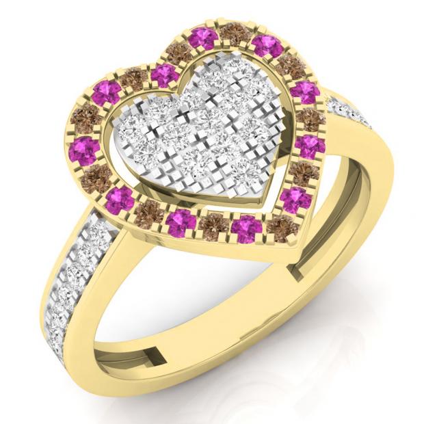 0.65 Carat (ctw) 10K Yellow Gold Round Cut White & Champagne Diamond & Pink Sapphire Ladies Heart Shaped Bridal Engagement Ring