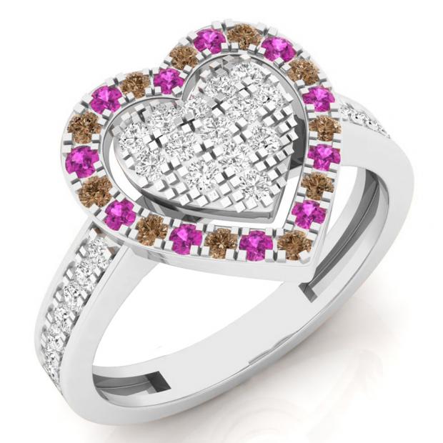 0.65 Carat (ctw) 14K White Gold Round Cut White & Champagne Diamond & Pink Sapphire Ladies Heart Shaped Bridal Engagement Ring