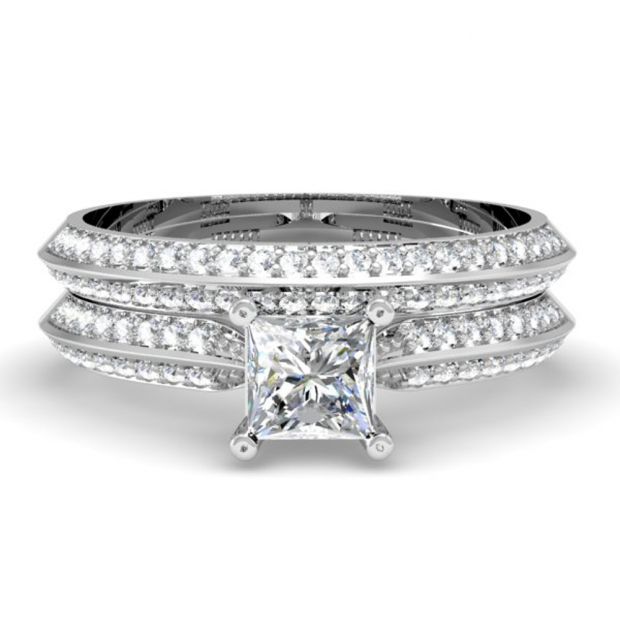 1.15 Carat (ctw) 10K White Gold Princess & Round Cut White Diamond Ladies Bridal Engagement Ring With Matching Band Sets