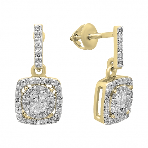 0.60 Carat (Ctw) 18K Yellow Gold Princess & Round White Diamond Ladies Cluster Style Drop Earrings