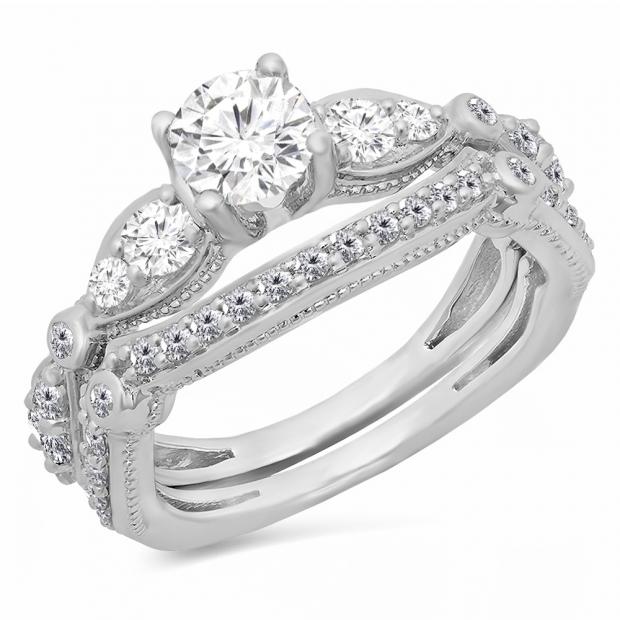 1.70 Carat (Ctw) 10K White Gold Round Cut White Diamond Ladies Bridal Vintage Style Engagement Ring With Matching Band Set