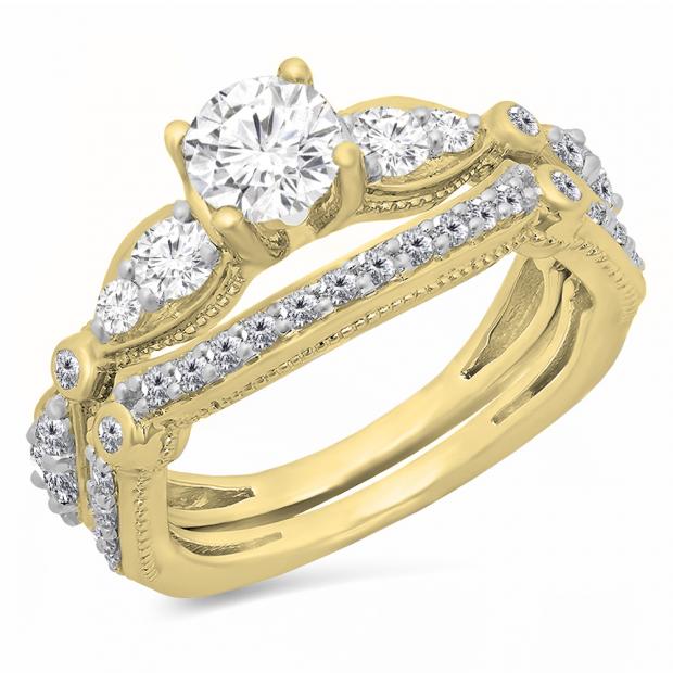 1.70 Carat (Ctw) 10K Yellow Gold Round Cut White Diamond Ladies Bridal Vintage Style Engagement Ring With Matching Band Set