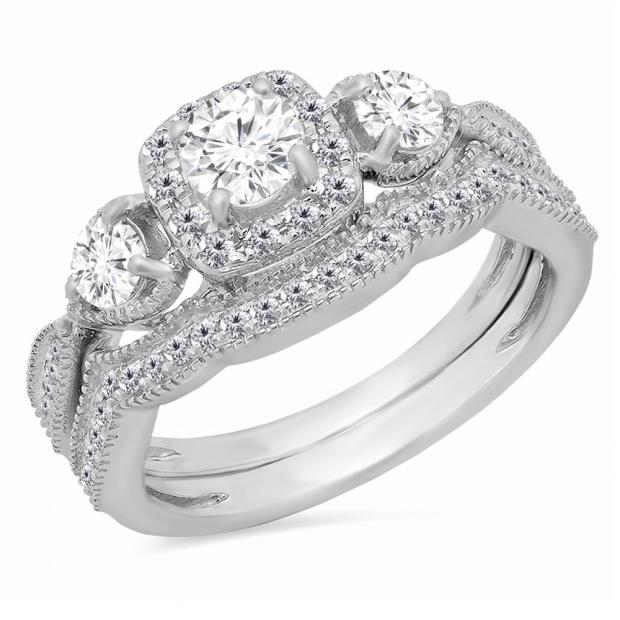 1.10 Carat (Ctw) 10K White Gold Round White Diamond Ladies 3 Stone Halo Style Bridal Engagement Ring With Matching Band Set 1 CT