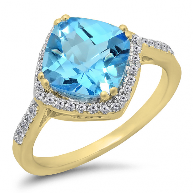 4.10 Carat (ctw) 10K Yellow Gold Cushion Cut Blue Topaz & Round Cut White Diamond Ladies Bridal Halo Style Engagement Ring