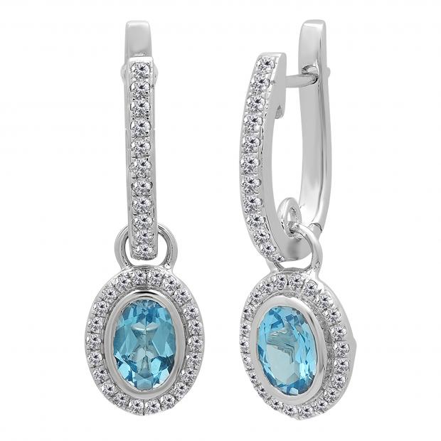6X4mm each Oval Blue Topaz & Round White Diamond Halo Style Hinged Post Dangling Drop Earrings for Her (Diamond 0.38 Color I-J Clarity I2-I3) in 10K White Gold