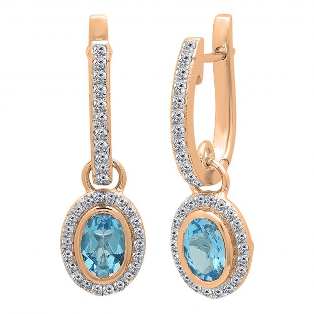 6X4mm each Oval Blue Topaz & Round White Diamond Halo Style Hinged Post Dangling Drop Earrings for Her (Diamond 0.35 Color I-J Clarity I1-I2) in 14K Rose Gold