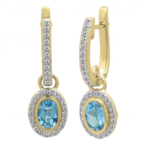6X4mm each Oval Blue Topaz & Round White Diamond Halo Style Hinged Post Dangling Drop Earrings for Her (Diamond 0.35 Color I-J Clarity I1-I2) in 14K Yellow Gold