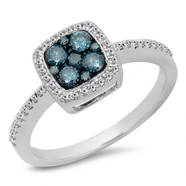 0.60 Carat (Ctw) 10K White Gold Round Blue & White Diamond Ladies Cluster Style Engagement Ring