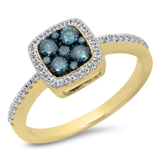0.60 Carat (Ctw) 18K Yellow Gold Round Blue & White Diamond Ladies Cluster Style Engagement Ring