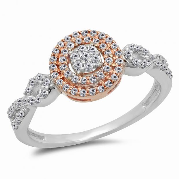 0.40 Carat (ctw) Two Tone Rose Gold Plated 14K White Gold Round Diamond Ladies Swirl Split Shank Bridal Cluster Engagement Ring