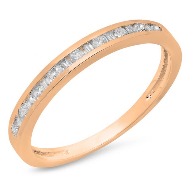 0.25 Carat (ctw) 10K Rose Gold Baguette & Round Cut Diamond Ladies Anniversary Stackable Wedding Band 1/3 CT