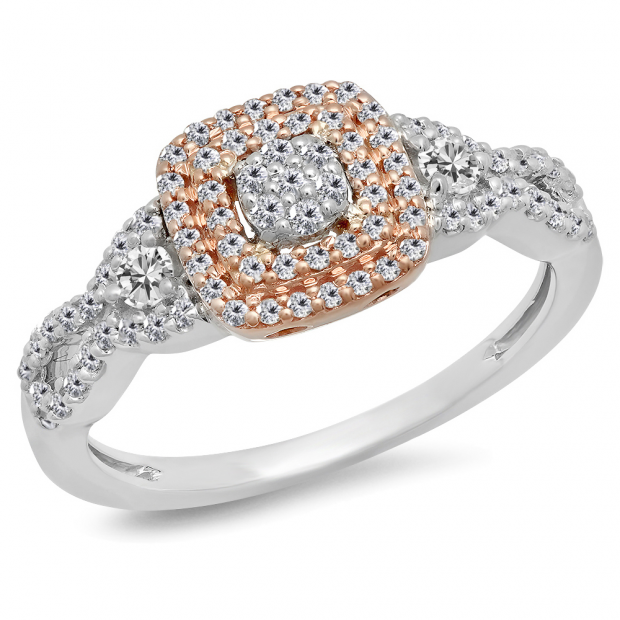 0.50 Carat (ctw) Two Tone Rose Gold Plated 14K White Gold Round Diamond Ladies Swirl Split Shank Bridal Cluster Engagement Ring 1/2 CT