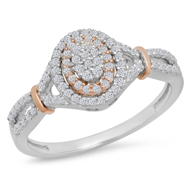 0.35 Carat (ctw) Two Tone Rose Gold Plated 14K White Gold Round Diamond Ladies Swirl Split Shank Bridal Cluster Engagement Ring 1/3 CT