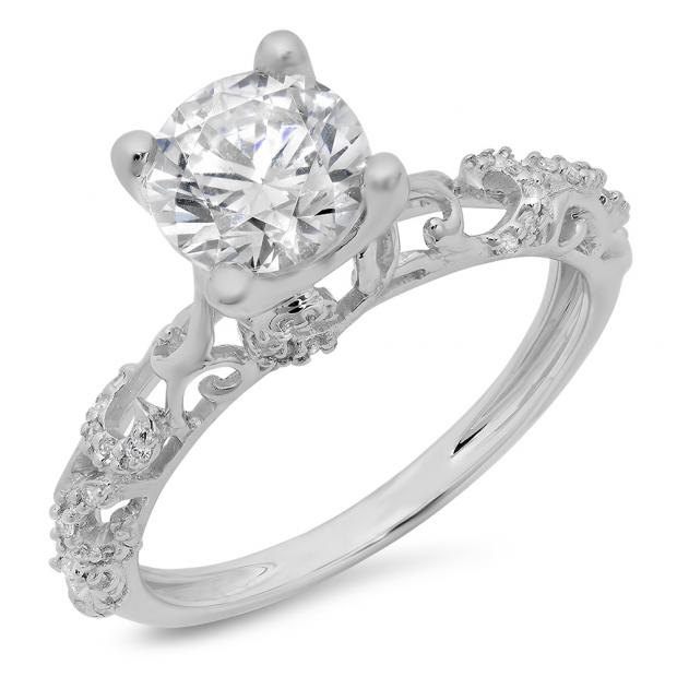 Sterling Silver Round White Cubic Zirconia Ladies Vintage Style Split Shank Bridal Engagement Ring