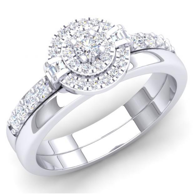 0.45 Carat (cttw) White Diamond Ladies Bridal Halo Engagement Ring Set 1/2 CT 10K White Gold