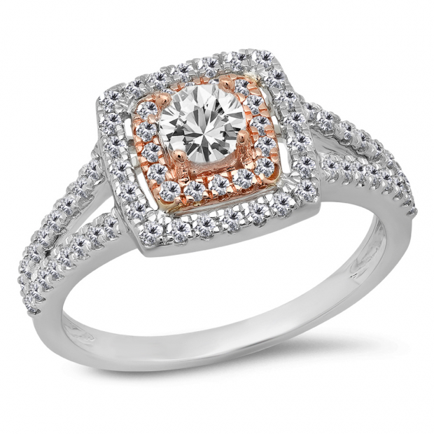 0.95 Carat (Ctw) Two Tone Rose Gold Plated 14K White Gold Round Cut White Diamond Ladies Split Shank Bridal Halo Engagement Ring 1 CT