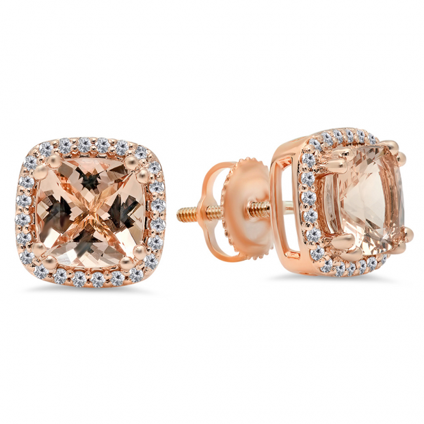 2.35 Carat (Ctw) 18K Rose Gold Cushion Cut Morganite & Round Cut White Diamond Ladies Halo Style Stud Earrings