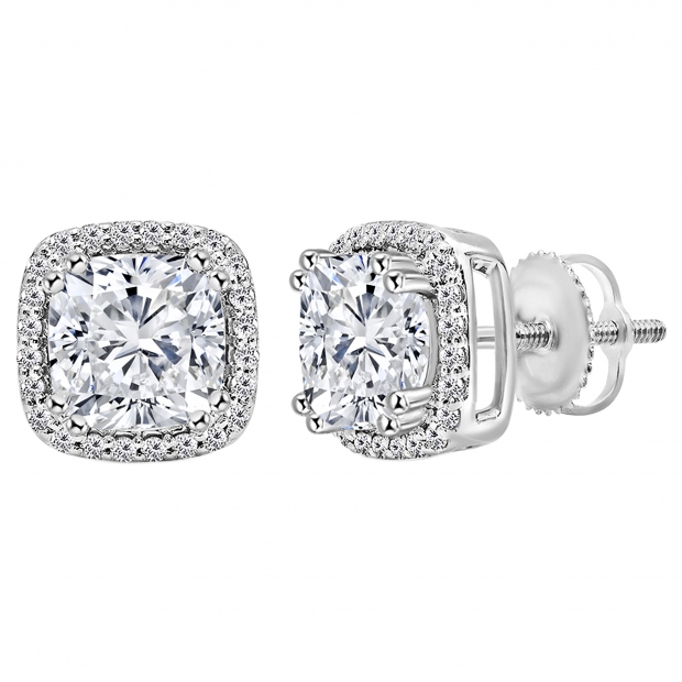 2.68 Cttw Cushion & Round Cubic Zirconia Double Prong Stud Earrings, 925 Sterling Silver in Screw Back