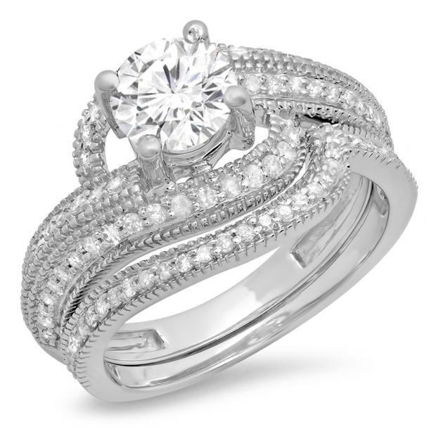 1.25 Carat (Ctw) 10K White Gold Round Cut Diamond Ladies Twisted Bridal Engagement Ring With Matching Band Set 1 1/2 CT