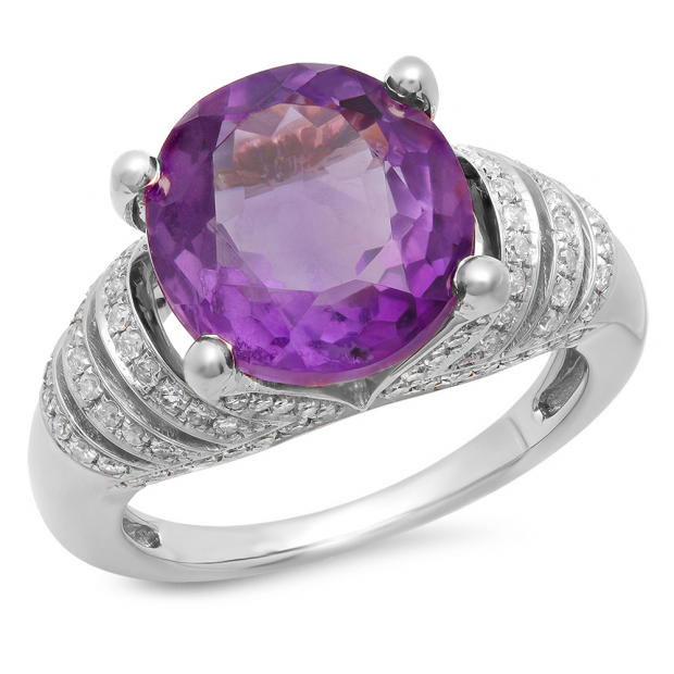 6.25 Carat (Ctw) 10K White Gold Oval Cut Amethyst & Round Cut White Diamond Ladies Bridal Unique Promise Engagement Ring