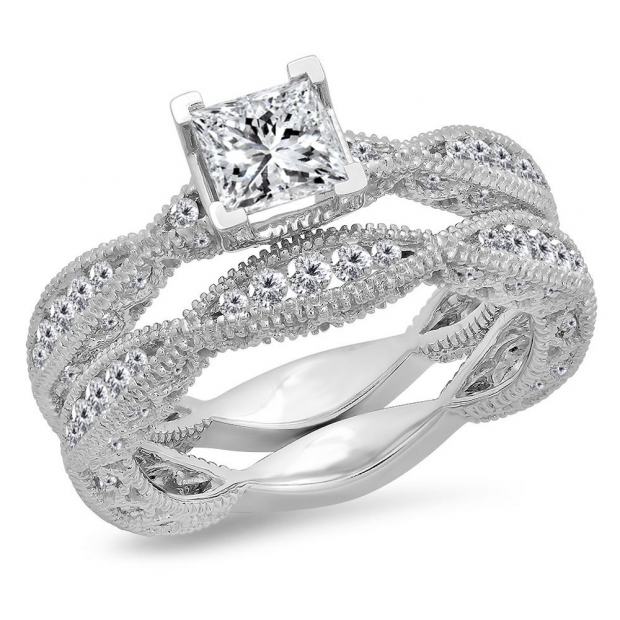 1.75 Carat (Ctw) 10K White Gold Princess & Round Cut White Diamond Ladies V Prong Milgrain Bridal Engagement Ring Matching Band Sets 1 3/4 CT