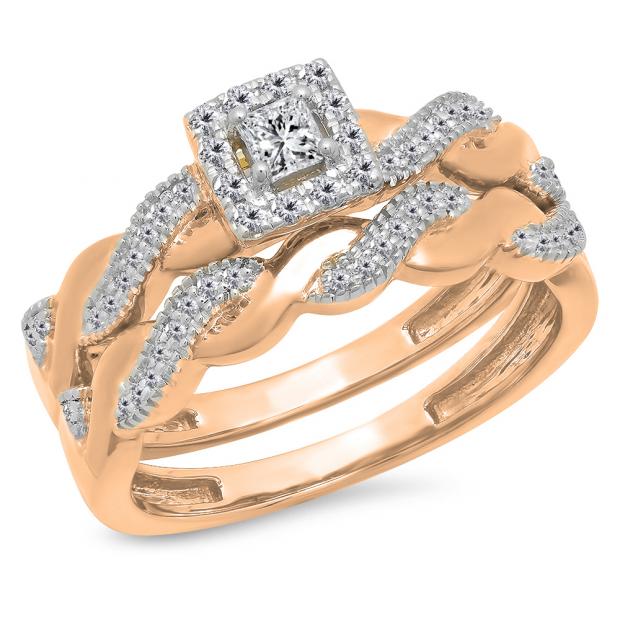 0.35 Carat (Ctw) 18K Rose Gold Princess & Round White Diamond Bridal Swirl Style Halo Engagement Ring Matching Wedding Set