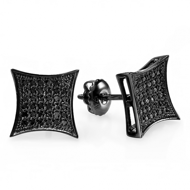 0.13 Carat (ctw) Black Rhodium Plated Sterling Silver Black Real Diamond Kite Shape Mens Hip Hop Iced Stud Earrings