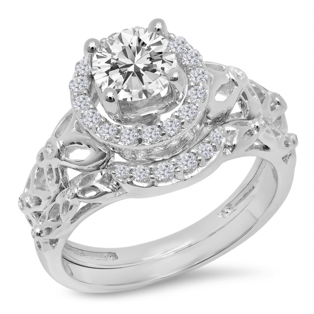 1.15 Carat (ctw) 14K White Gold Round White Diamond Ladies Bridal Vintage Style Halo Engagement Ring With Matching Band Set