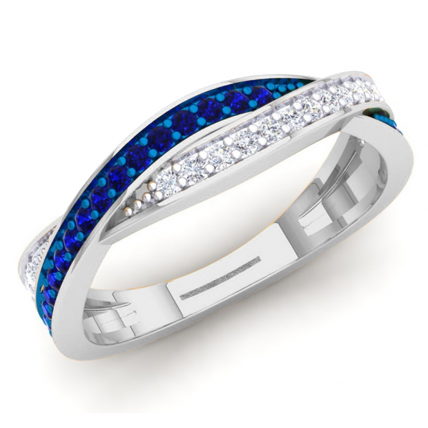 0.50 Carat (Ctw) 14K White Gold Round Blue Sapphire & White Diamond Ladies Anniversary Wedding Band Swirl Stackable Ring
