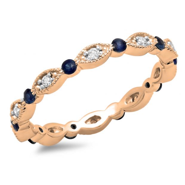0.40 Carat (ctw) 10K Rose Gold Round Blue Sapphire And White Diamond Ladies Vintage Style Anniversary Wedding Eternity Band Stackable Ring