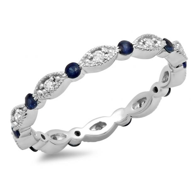 0.40 Carat (ctw) 18K White Gold Round Blue Sapphire And White Diamond Ladies Vintage Style Anniversary Wedding Eternity Band Stackable Ring