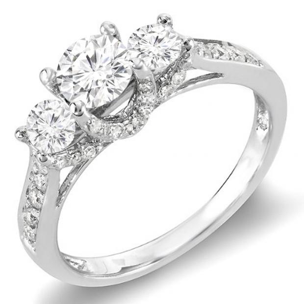 0.98 Carat (ctw) 14K White Gold Round Diamond 3 Stone Ladies Vintage Style Bridal Engagement Ring 1 CT
