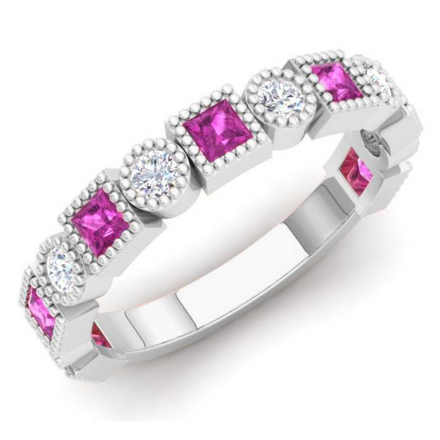 0.85 Carat (Ctw) 10K White Gold Princess Cut Pink Sapphire & Round White Diamond Ladies Vintage Style Milgrain Stackable Wedding Band