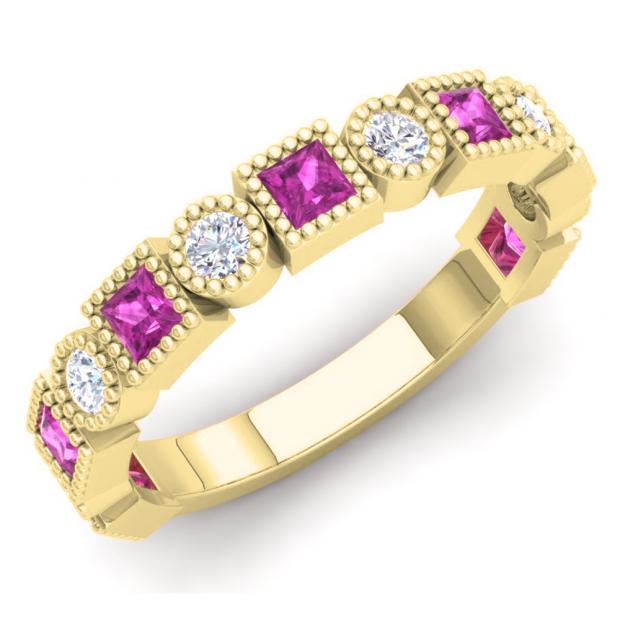 0.85 Carat (Ctw) 14K Yellow Gold Princess Cut Pink Sapphire & Round White Diamond Ladies Vintage Style Milgrain Stackable Wedding Band