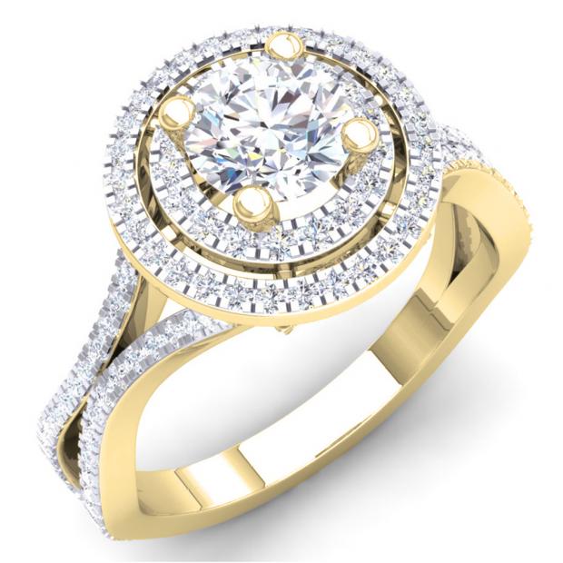 1.50 Carat (ctw) 10K Yellow Gold Round Cut White Cubic ZIrconia Ladies Bridal Split Shank Halo Style Engagement Ring