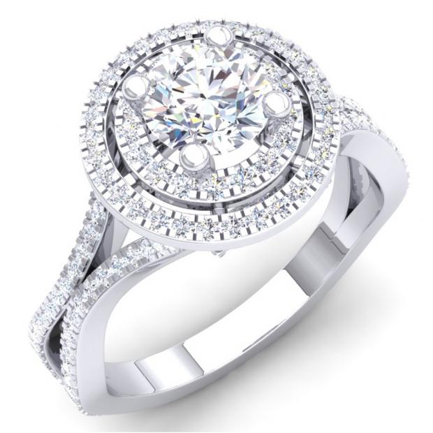 1.50 Carat (ctw) 14K White Gold Round Cut White Cubic ZIrconia Ladies Bridal Split Shank Halo Style Engagement Ring