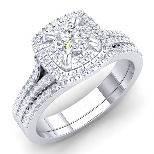 1.00 Carat (Ctw) 10K White Gold Princess & Round Cut White Diamond Ladies Bridal Split Shank Cushion Shaped Engagement Ring With Matching Band Set 1 CT